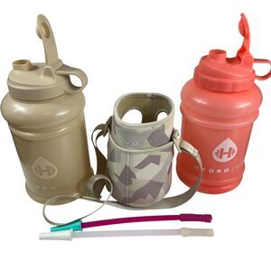 Hydrojug Lot 2 Bottles‎ 73oz Coral Sand 2 Straws 1 Tan Sleeve Pockets Strap